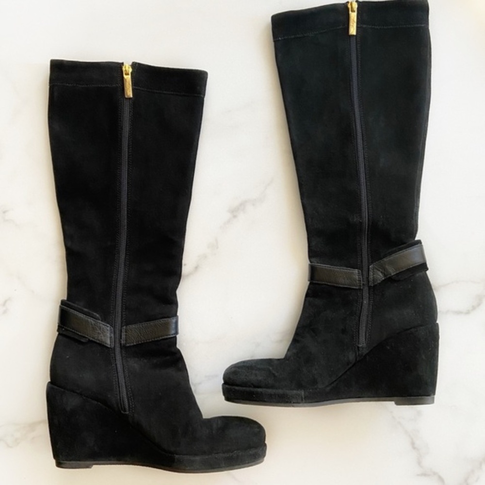 Anyi Lu Black Tall Knee-High Wedge Suede Zip Boots Size 37.5